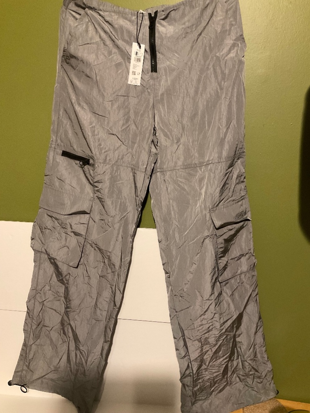 GARAGE Silver Parachute Cargo Pants - Metallic Zipper Parachute Nylon Cargo Pant